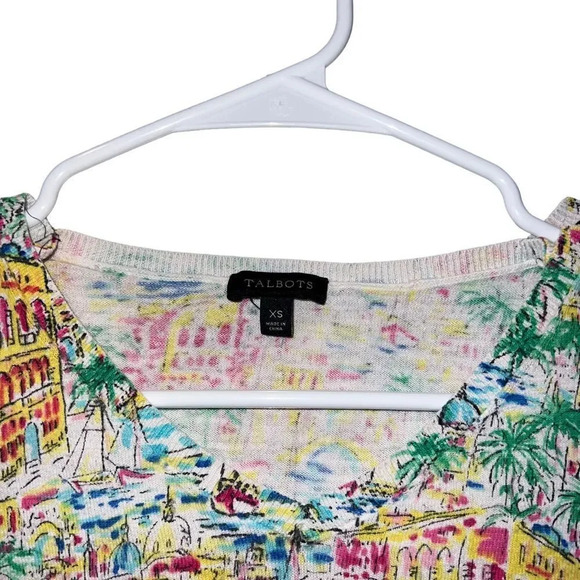 Talbots Women's XS Santorini Greece Print Cotton Top Short Sleeve V-Neck Tie Hem - Picture 2 of 3
